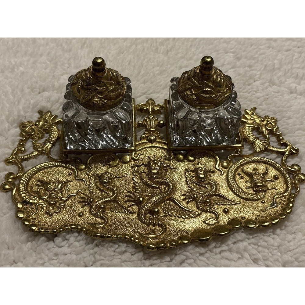 Antique BRASS BRONZE INKWELL DRAGONS SERPENTS Crystal Baccarat  Office Desk